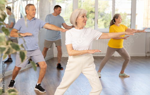 Vászonkép Cheerful elderly woman attending group choreography class, learning modern dynamic dances