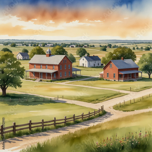 Wallpaper Mural watercolor illustration of Beatrice, Nebraska, blending its historical landmarks with the surrounding countryside.  Torontodigital.ca