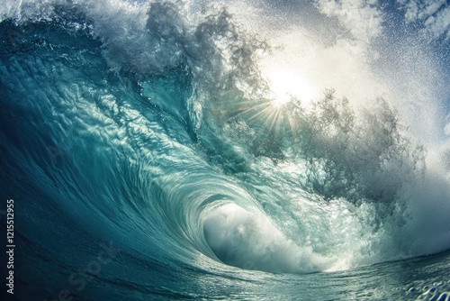 Majestic ocean wave crashing with vibrant shades of blue and dra photo