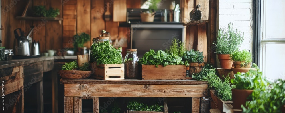 Rustic kitchen with fresh herbs in wooden planters and natural light Rustic kitchen with fresh herbs in wooden planters and natural light