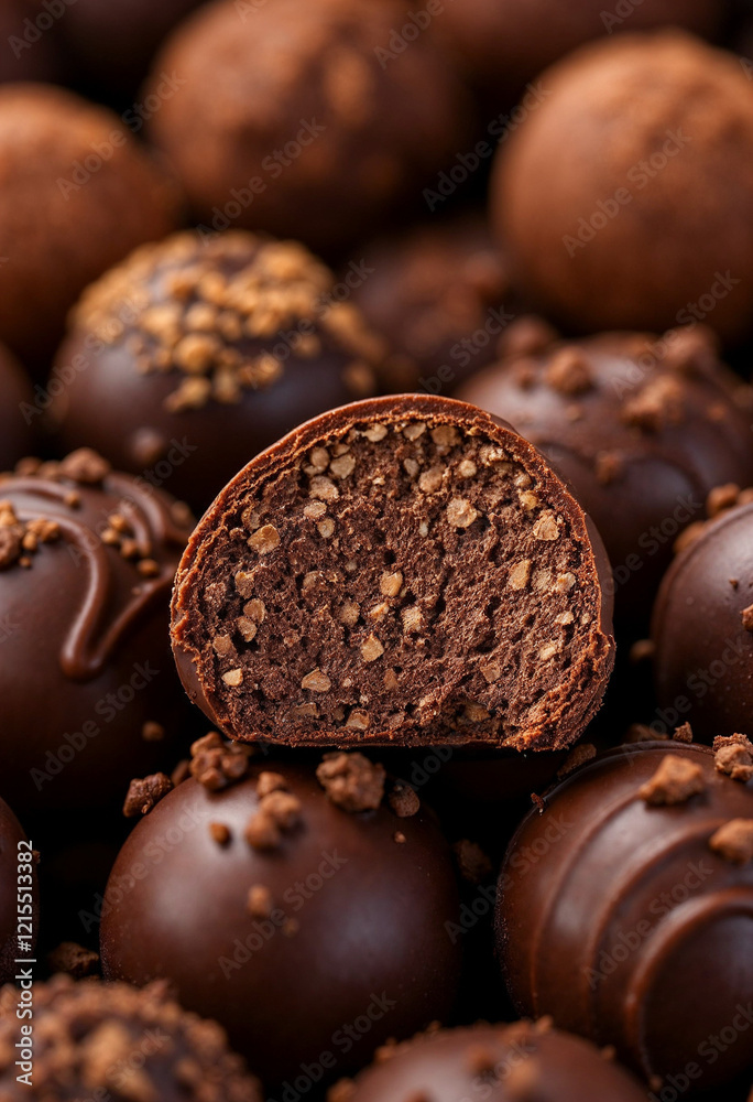 Close-up of various chocolate truffles, showcasing their glossy Close-up of various chocolate truffles, showcasing their glossy
