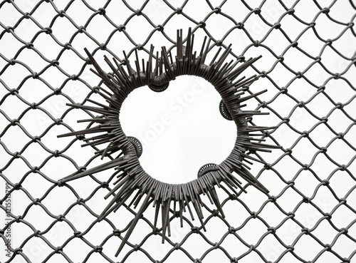 Metal wire mesh with damaged section. Circular hole broken through mesh. Metal rods, pieces around hole. Abstract modern art piece. Industrial style. Broken fence cage. Security barrier damaged. photo