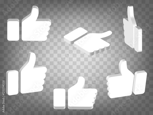Set of perspective projections 3d model of realistic Like Button Shaped   on transparent background.  Like Button Shaped 3d icon with different views and angles.  Abstract concept of graphic elements 