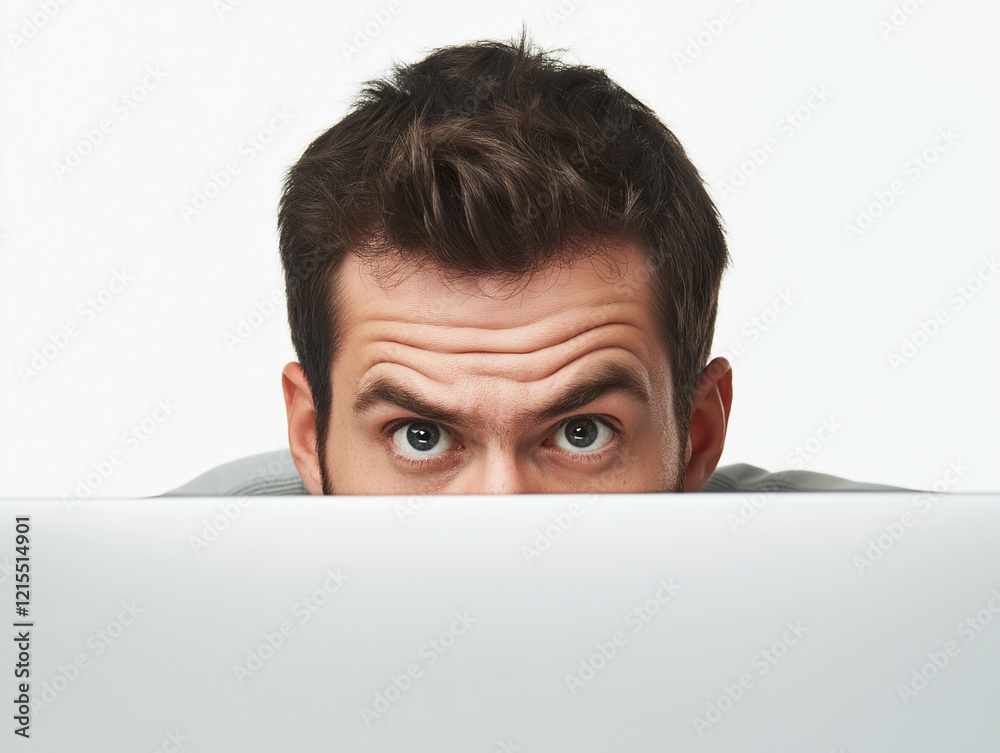 Man peeking over laptop with wide-eyed expression Man peeking over laptop with wide-eyed expression