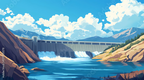 Scenic view of hydroelectric dam with mountains and clouds. Electric Canyon. Illustration photo