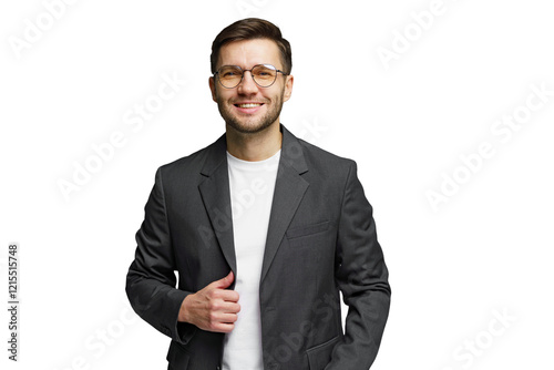Smiling man in a suit jacket with glasses posing confidently against a white background