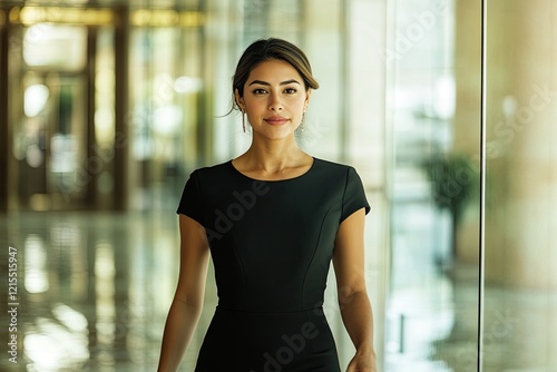 Confident woman walking through modern corridor, reflecting eleg photo