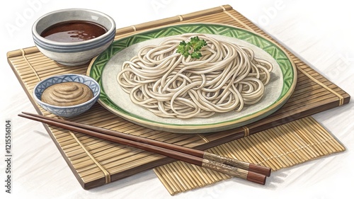 Indulging in zaru soba cold buckwheat noodles and dipping sauce in a traditional japanese atmosphere photo