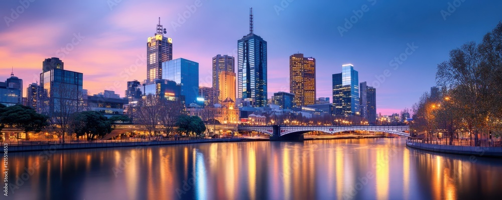 Obraz premium Vibrant melbourne skyline at dusk reflecting on the yarra river