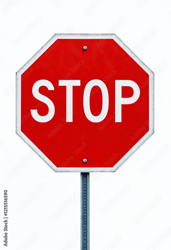 Bright red stop sign on a white background, emphasizing road safety. Bright red stop sign on a white background, emphasizing road safety.