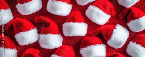 Festive red and white santa hats on red textured background for christmas celebration photo