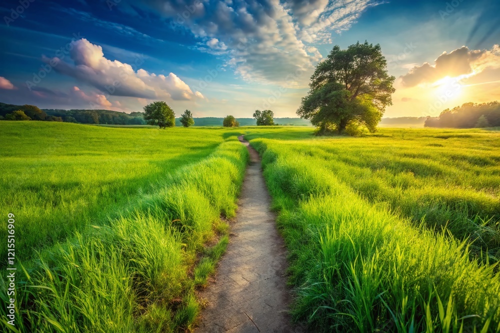 Fototapeta premium Serene Green Grass Field Path: Empty Countryside Landscape Background