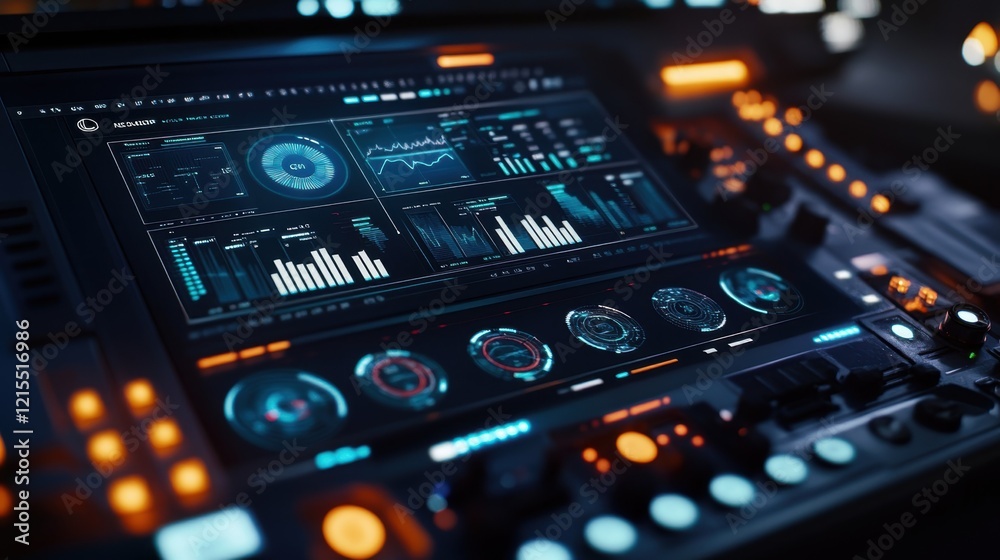 Futuristic control panel featuring charts and graphs on multiple screens, illuminated by glowing blue and orange lights in a dark technological setting, suggesting advanced monitoring systems Futuristic control panel featuring charts and graphs on multiple screens, illuminated by glowing blue and orange lights in a dark technological setting, suggesting advanced monitoring systems
