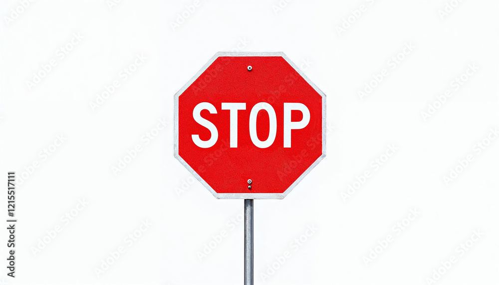 Bright red stop sign on a white background, emphasizing road safety. Bright red stop sign on a white background, emphasizing road safety.