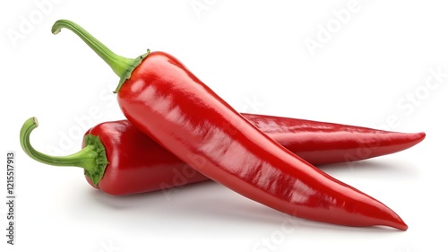 Two fresh red chili peppers, vibrant crimson color, glossy texture, lying slightly overlapping against a pure white background. Sharp focus on the peppers, showcasing intricate details in their skin. 