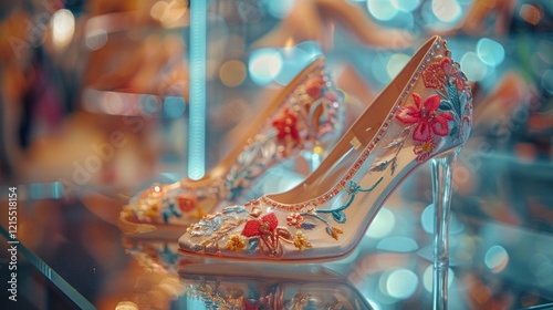 A beautifully crafted pair of high heel shoes with intricate floral embroidery, elegantly displayed, showcasing fashion, craftsmanship, and artistic design. photo