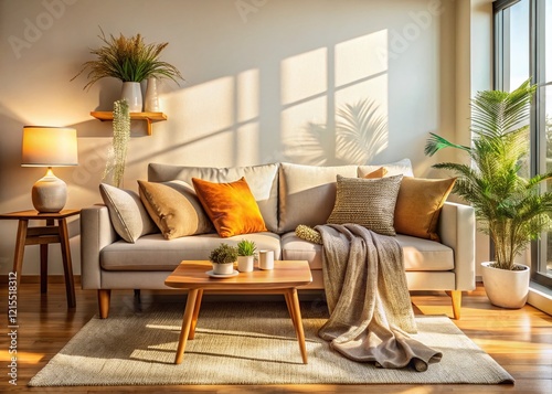 Serene Modern Living Room: Cozy Cushions & Sunlight