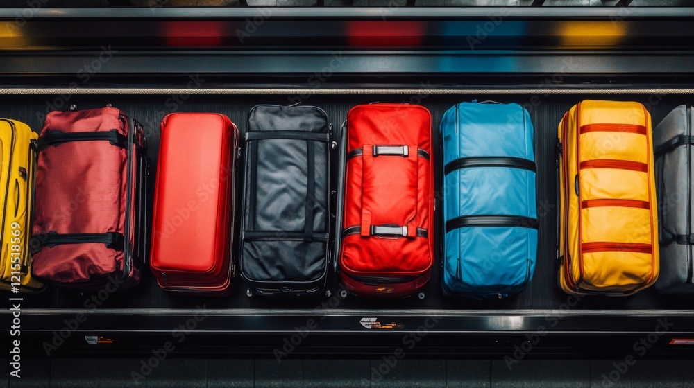 Obraz premium A dynamic scene of travel-themed colorful luggage, neatly aligned on a moving airport conveyor belt, highlighting themes of adventure and journey preparation.