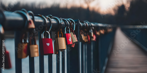 Locks of love. A bridge with multiple locks on the railing, a symbol of unbreakable love. The concept of love, romance.