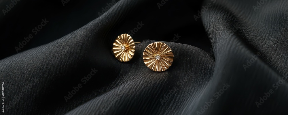 Elegant gold earrings on black fabric with radiant design Elegant gold earrings on black fabric with radiant design