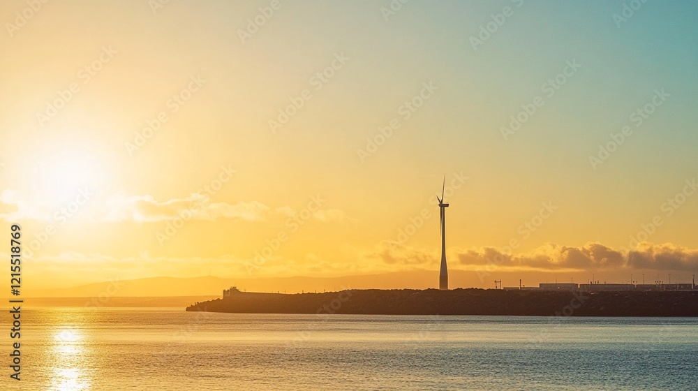 Modern Wind Turbine at Sunrise: Stunning Stock Image of Renewable Energy by the Coastal Ocean with Golden Sunlight Reflection Modern Wind Turbine at Sunrise: Stunning Stock Image of Renewable Energy by the Coastal Ocean with Golden Sunlight Reflection