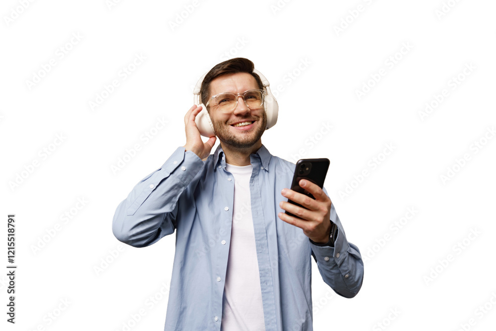 Naklejka premium Enjoying music with headphones while using a smartphone in a bright setting