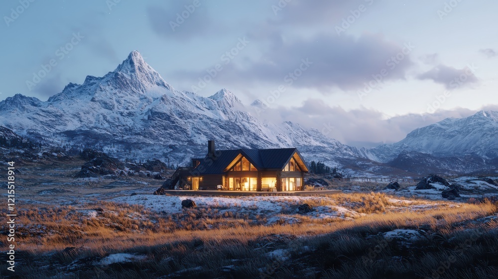 Fototapeta premium Cozy log cabin settler in the arctic circle soft dusk light mountain landscape low angle shot
