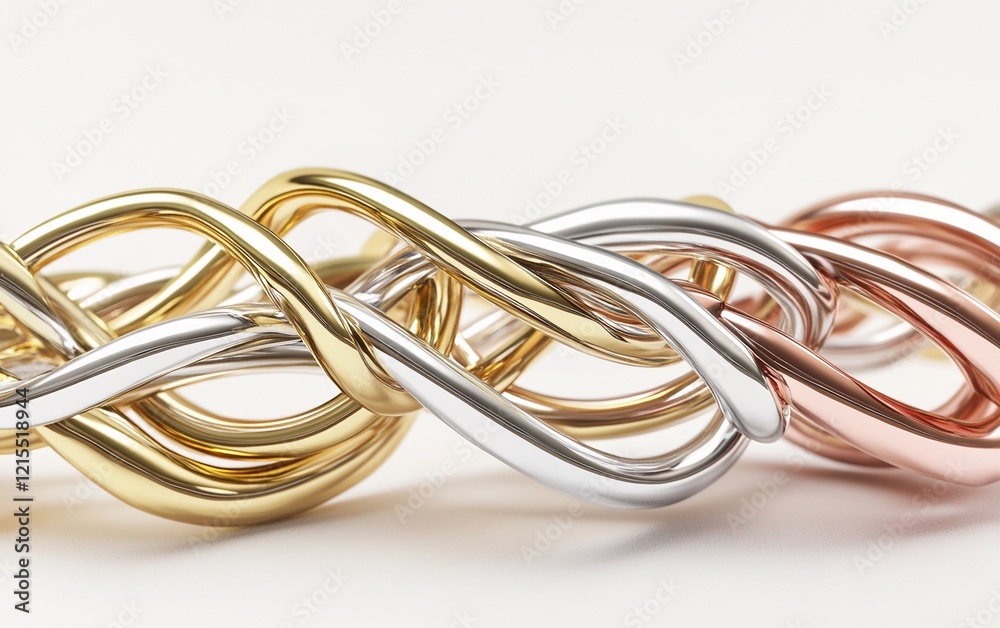 Minimalist 3D Rendering of Metallic Intertwining Wires with Gold, Silver, and Copper Finishes on White Background Minimalist 3D Rendering of Metallic Intertwining Wires with Gold, Silver, and Copper Finishes on White Background
