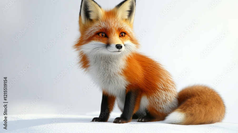 Fototapeta premium A charming red fox sits elegantly in soft white snow, with its vivid fur contrasting beautifully against the pristine setting, its gaze shifted to the side.