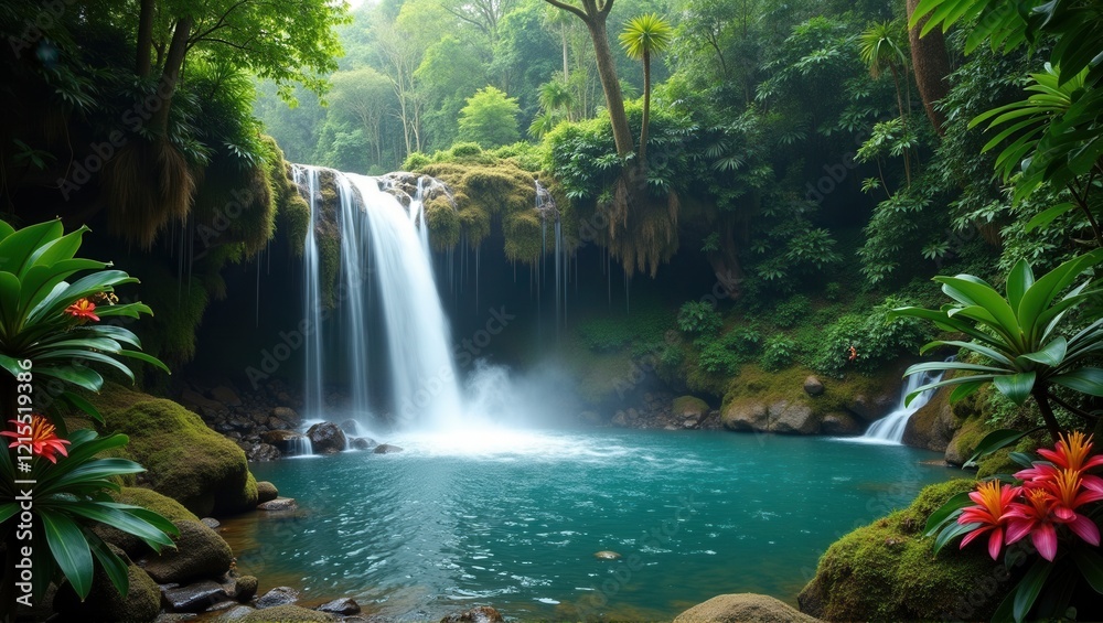 Fototapeta premium A serene jungle waterfall cascades into a turquoise pool surrounded by lush greenery and vibrant tropical flowers, creating a tranquil and picturesque rainforest scene. Generative, AI,