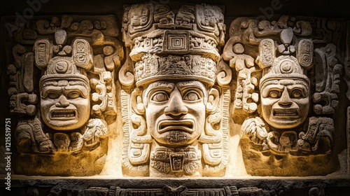 A comprehensive assortment of ceremonially arranged Mesoamerican glyphs, each representing a unique concept or deity. photo