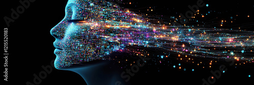 Female profile with pixel and light dispersion, representing the connection between technology and humanity. Generated with AI