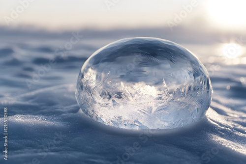 Close-up of an ice crystal Bubble at the North Magnetic Pole on Snowy Surface