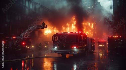 A chaotic scene unfolds at a fire station engulfed in flames. Firefighters work tirelessly, racing against time to control the blaze and protect their base of operations, amidst thick smoke and chaos