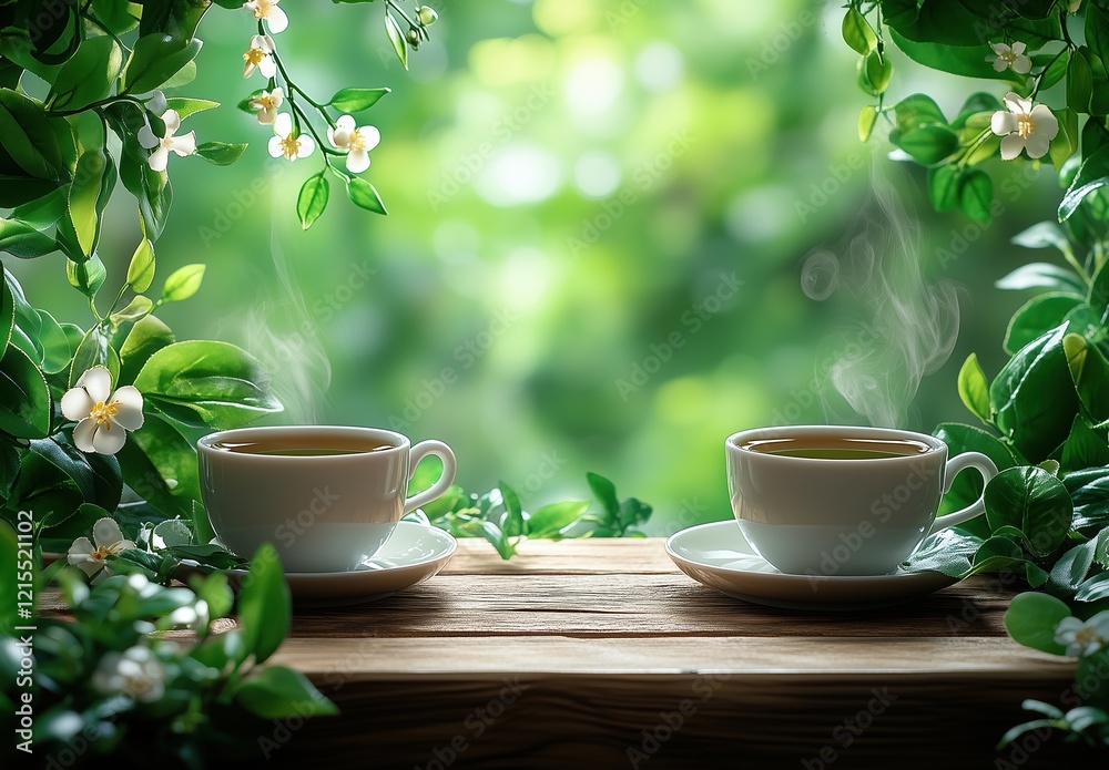 Two cups with steam rising from the top are placed on a wooden table in front of lush green trees. The background is blurred to emphasize the theme of freshness and coolness, calmness and relaxation. Two cups with steam rising from the top are placed on a wooden table in front of lush green trees. The background is blurred to emphasize the theme of freshness and coolness, calmness and relaxation.