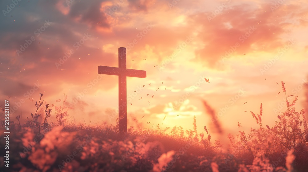 Good Friday concept cross with sunset in the sky background Good Friday concept cross with sunset in the sky background