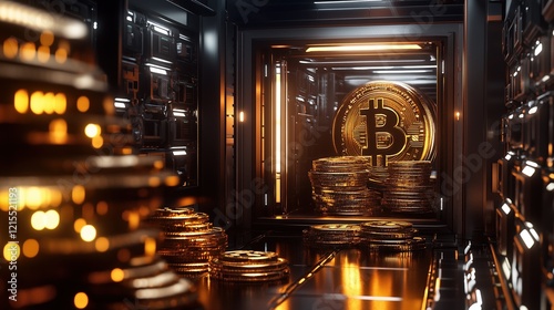 Inside a cutting-edge fortress, a Bitcoin vault dazzles with massive golden coins arranged in a gravity-defying manner