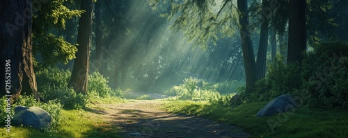 Sunlit forest pathway in serene woodland clearing