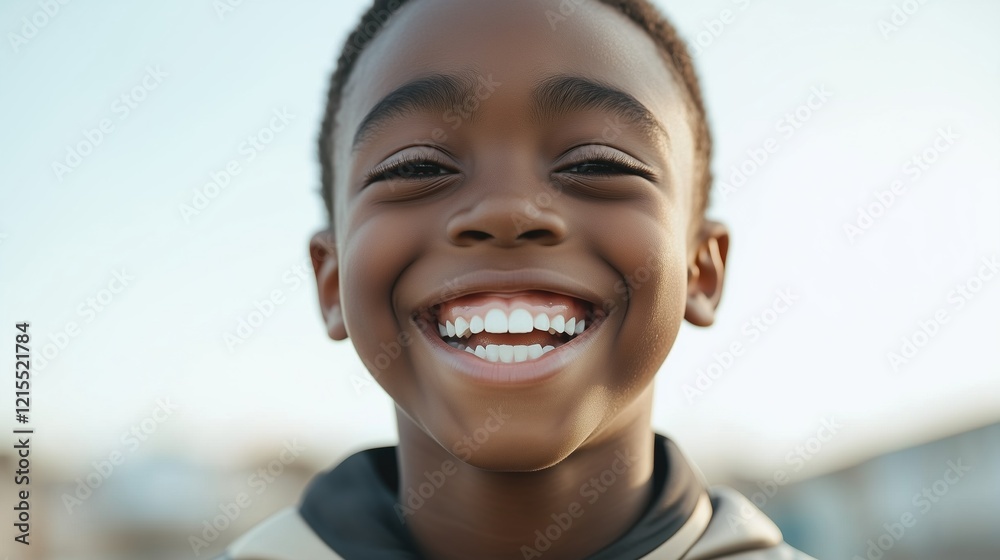 A cheerful 9-year-old boy smiles brightly with confidence, showcasing his bright white teeth. He wears a sporty outfit and stands relaxed in warm natural light, embodying joy and happiness A cheerful 9-year-old boy smiles brightly with confidence, showcasing his bright white teeth. He wears a sporty outfit and stands relaxed in warm natural light, embodying joy and happiness