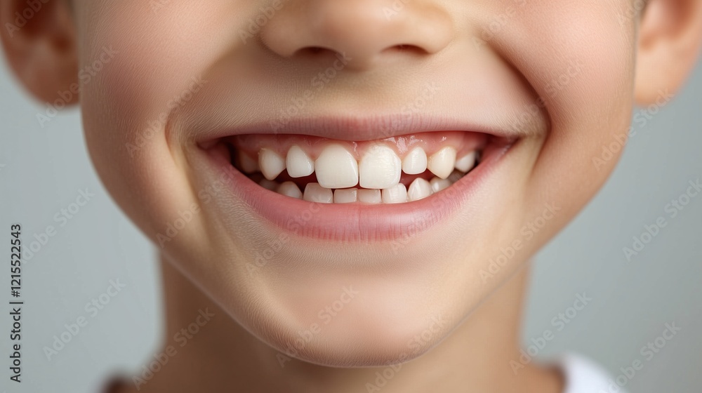 Obraz premium In a professional studio, a 10-year-old boy beams joyfully, showcasing his vibrant laughter and missing tooth. His bright white smile lights up the atmosphere, creating warmth