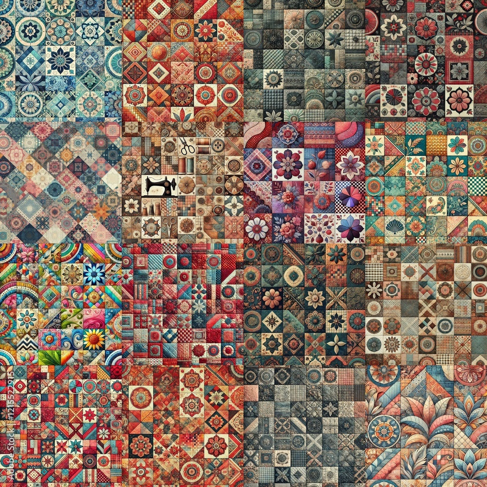 Fototapeta premium Creative patchwork tiled backgrounds. AI generated illustration