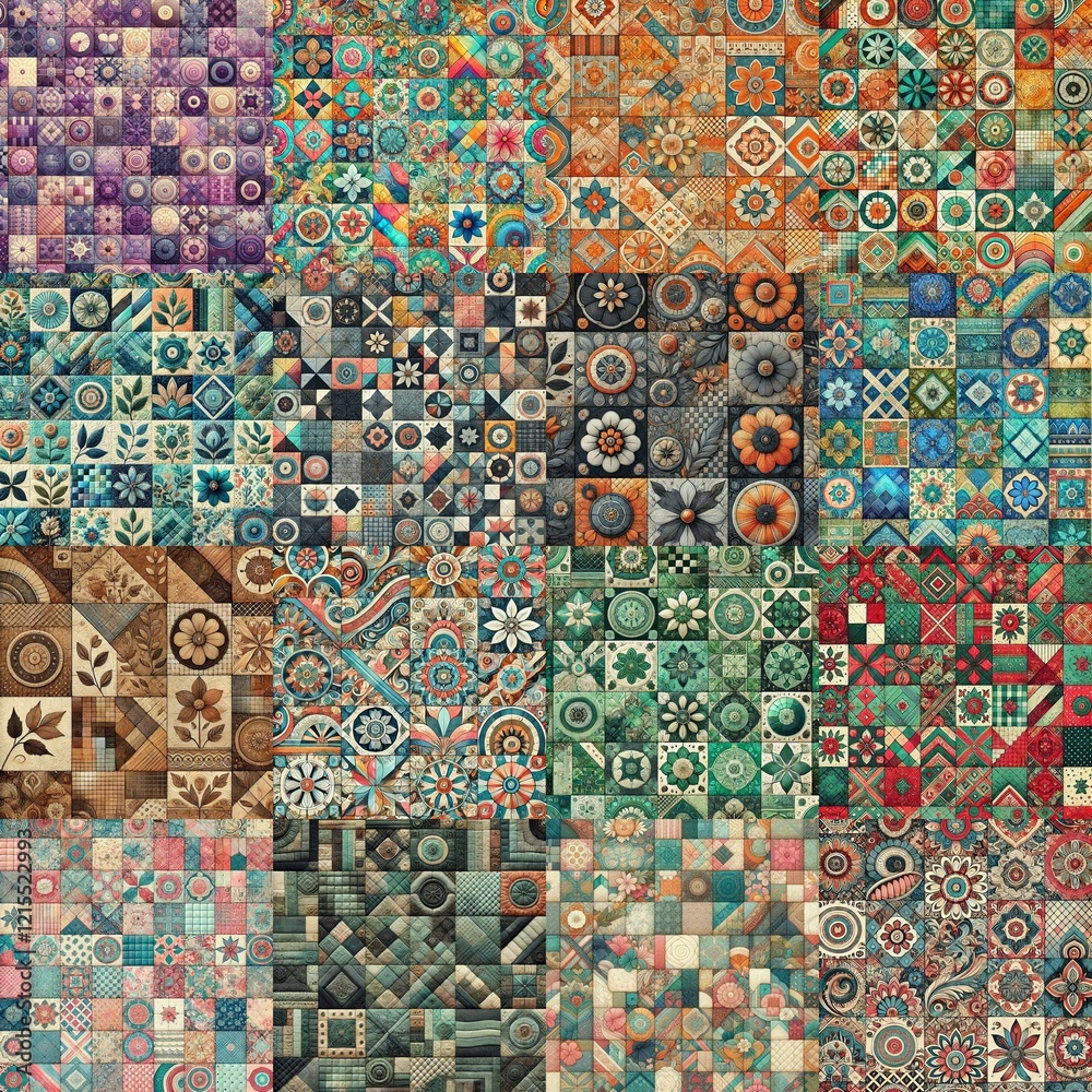 Fototapeta premium Creative patchwork tiled backgrounds. AI generated illustration