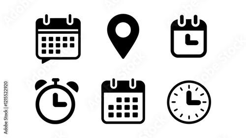 Calendar, Location Pin, and Clock Icon Set for Scheduling and Planning vector illustration