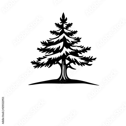 Majestic Evergreen Tree: Black and White Botanical Illustration. Perfect for nature lovers, home decor, and nature-themed designs.