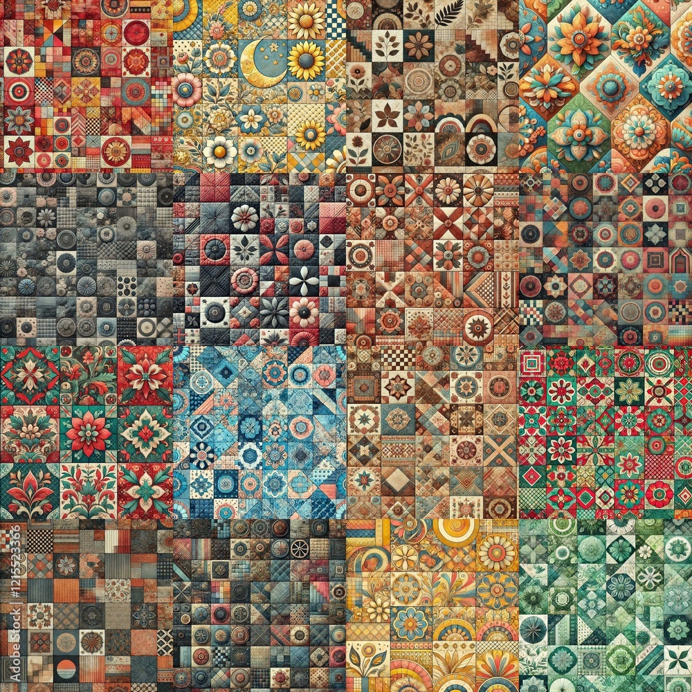 Fototapeta premium Creative patchwork tiled backgrounds. AI generated illustration
