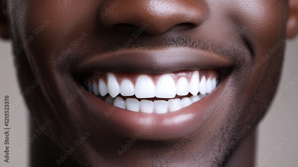 Fototapeta premium Exuding confidence and style, a young Black man displays an enchanting smile that captivates with its dazzling whiteness under professional lighting. The perfect dental symmetry highlights his charm