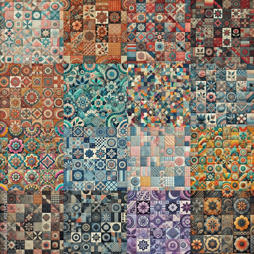 Fototapeta premium Creative patchwork tiled backgrounds. AI generated illustration