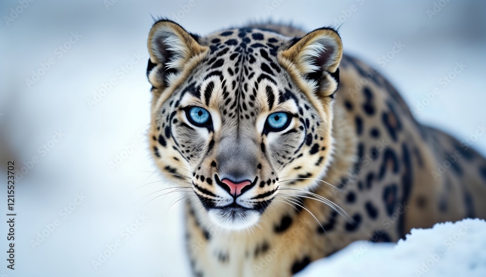 Fototapeta premium Snow leopard wildlife photo. Stealthy cat focuses on prey. Close-up view. Camouflaged against snow. Piercing blue eyes. Wild animal. Snowy white background. Nature photography. Predator in winter
