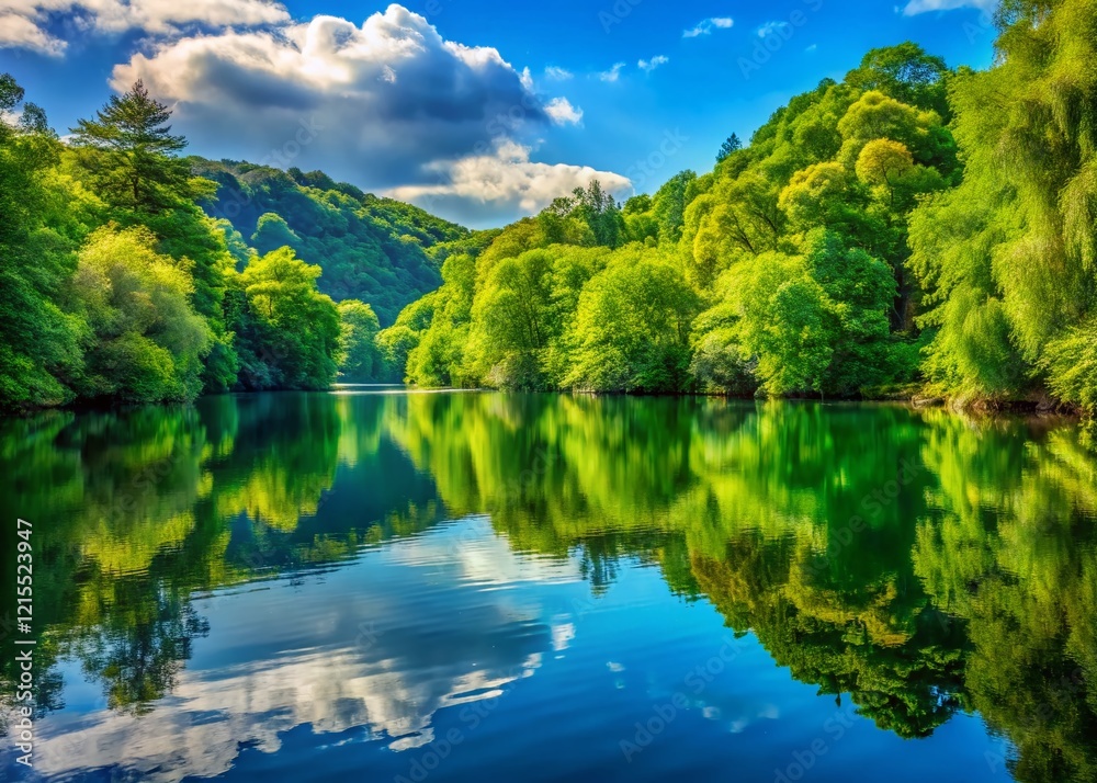 Fototapeta premium Serene Water Reflection, Lush Greenery, Tranquil Nature Scene, Peaceful Lake, Calm Waters