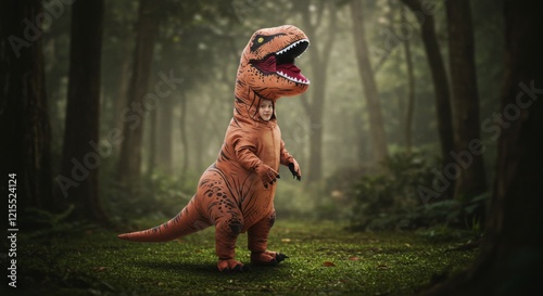 Fototapeta Naklejka Na Ścianę i Meble -  Dressed up in a Tyrannosaurus Rex T-Rex Costume, Dinosaur Suit, Halloween Apparel XL Format Illustration